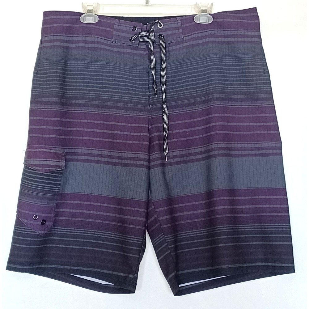 Joe Boxer Men’s Swim Board Shorts Size 38 Purple/Gray Striped - Thigh Pocket